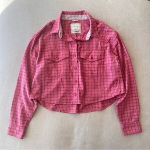 American Eagle Pink Plaid Cropped Button Down Flannel Shirt Women’s XS